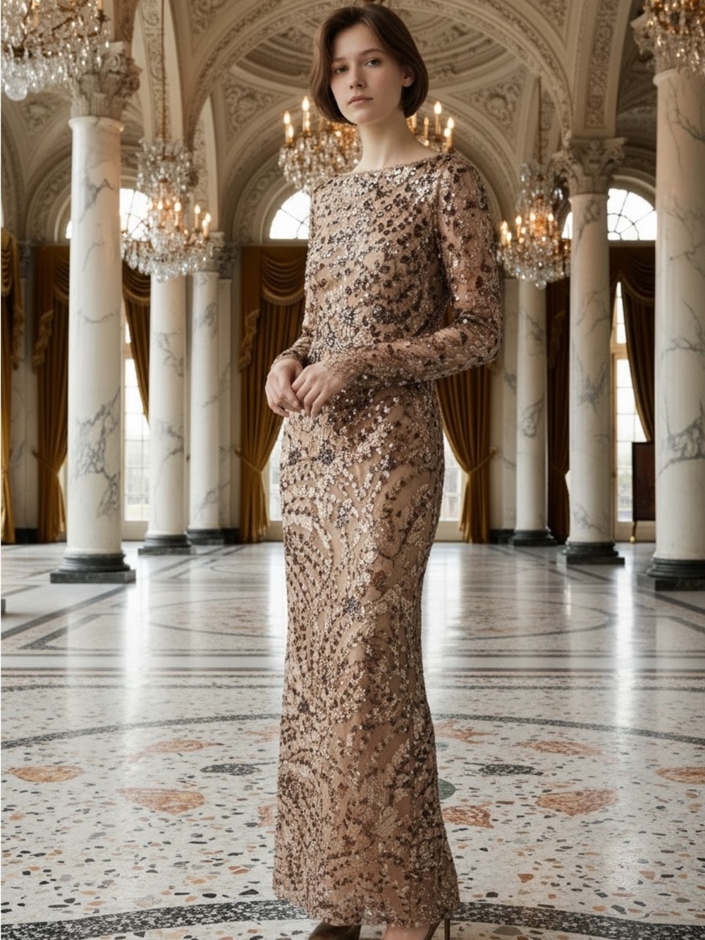 Badgley Mischka Vintage Nude Sequin Embroidered Beaded Long Sleeve Sample Gown